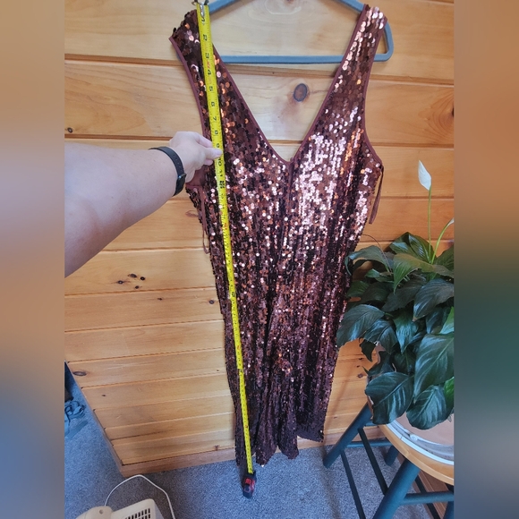 Anthropologie Maeve Shiny Shimmer Royal Copper sequin Jumpsuit Large - Picture 4 of 15